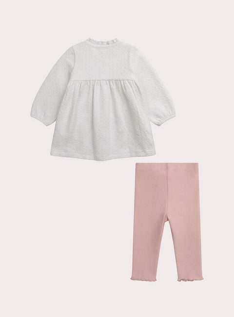 Newborn Printed White Cotton Dress With Matching Pink Leggings