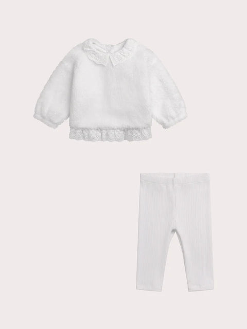 Newborn White Jersey Lined Soft Boa Top & Leggings