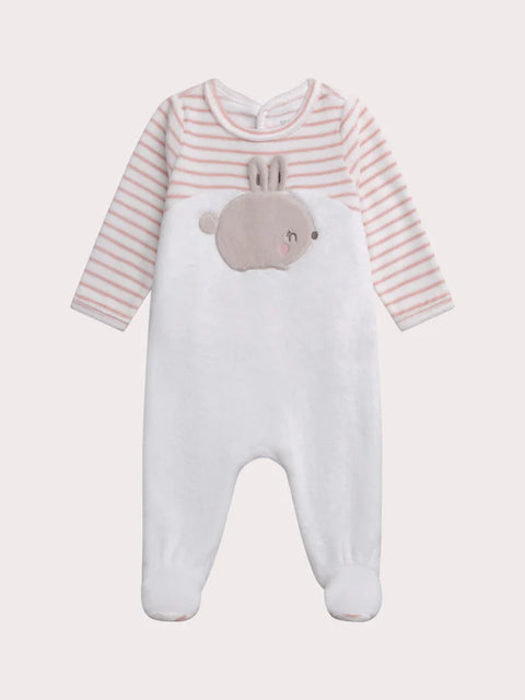 White Newborn Velour Sleepsuit With Rabbit Applique