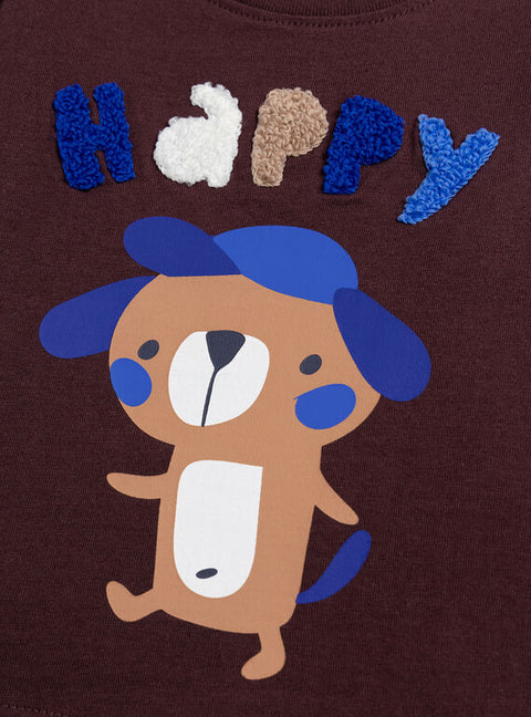 Burgundy Dog Animation Cotton T-shirt
