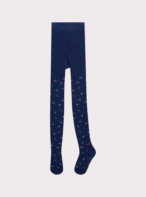 Blue Cherry Patterned Cotton Rich Tights