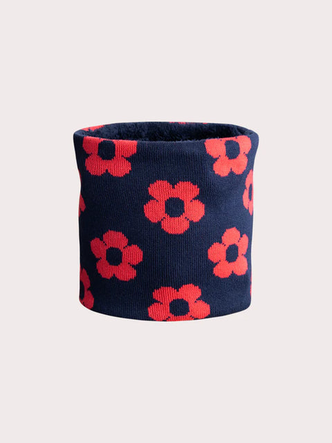 Navy Soft Boa Lined Snood With Red Flowers