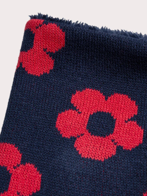 Navy Soft Boa Lined Snood With Red Flowers