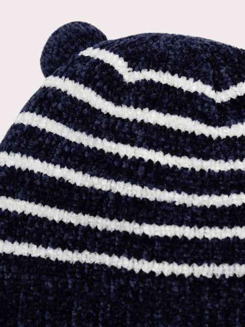 Lined Navy Stripe Chenille Knit Hat
