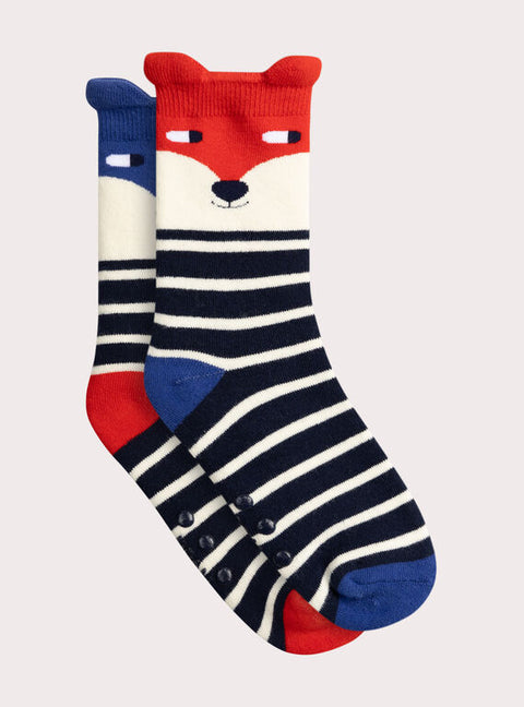 Navy Stripe Fox Animation Cotton Rich Socks