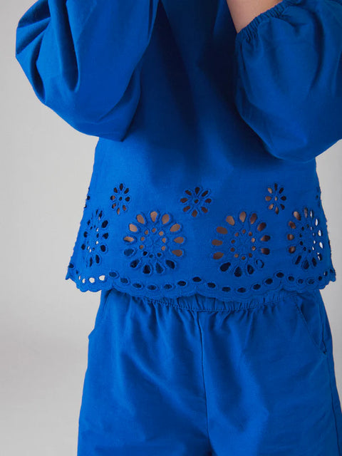 Blue Broderie Anglaise Cotton Blouse