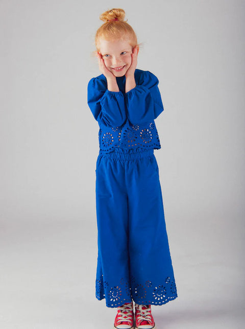 Blue Broderie Anglaise Cotton Trousers