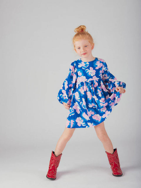 Lined Blue Floral Print Cotton Dress