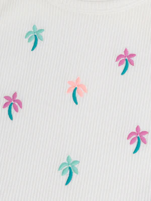 Cream Palm Tree Embroidered Cotton T-shirt