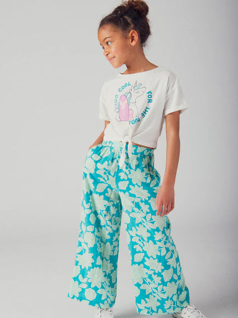 Turquoise Floral Print Viscose Trousers