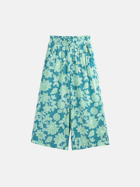 Turquoise Floral Print Viscose Trousers