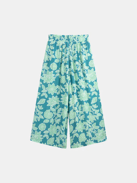 Turquoise Floral Print Viscose Trousers