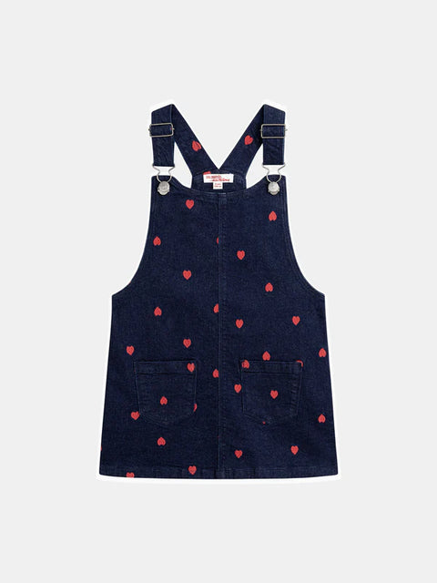 Blue Denim Dungaree Dress With Heart Embroidery