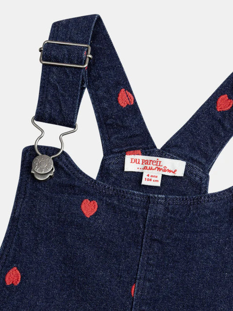 Blue Denim Dungaree Dress With Heart Embroidery