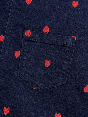Blue Denim Dungaree Dress With Heart Embroidery