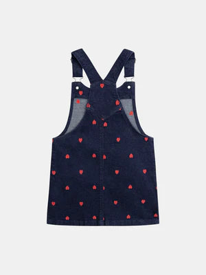 Blue Denim Dungaree Dress With Heart Embroidery