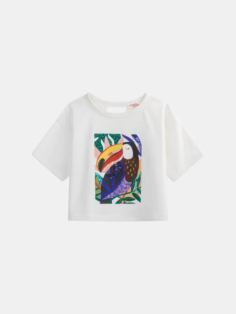 Off White Sequined Parrot Box Print Cotton T-shirt