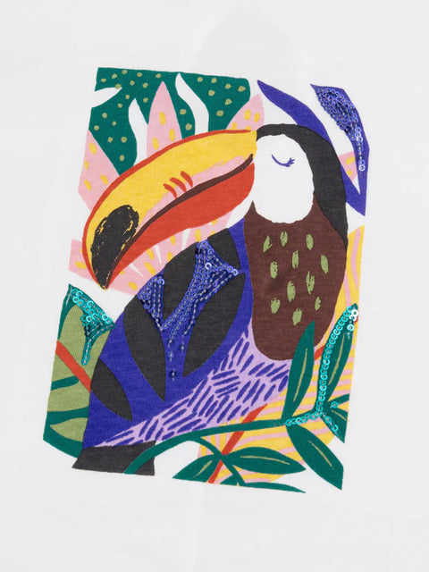 Off White Sequined Parrot Box Print Cotton T-shirt