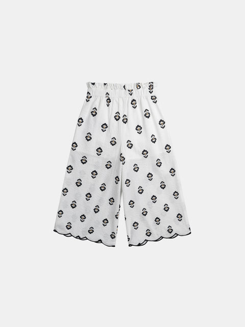White Floral Print Cotton Trousers