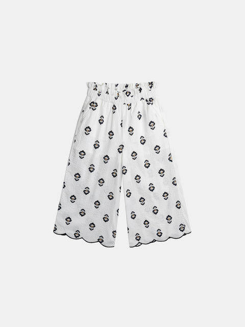 White Floral Print Cotton Trousers