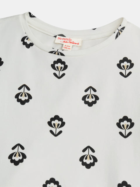 White Floral Print Cotton Dress With Tulle Petticoat