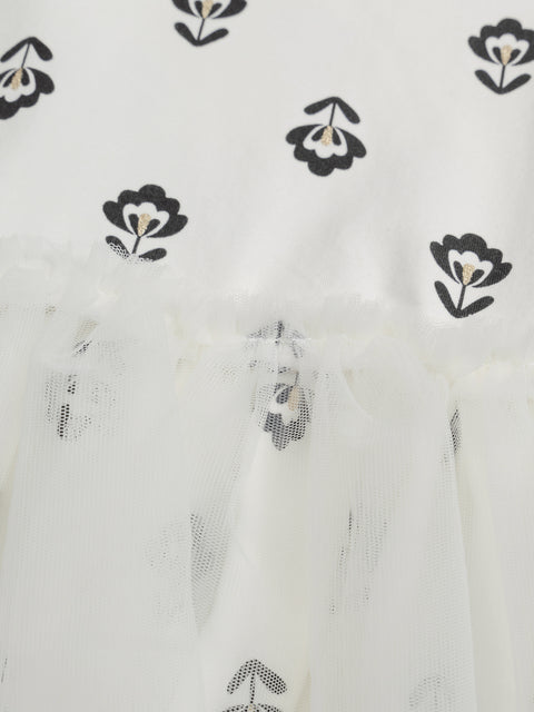 White Floral Print Cotton Dress With Tulle Petticoat