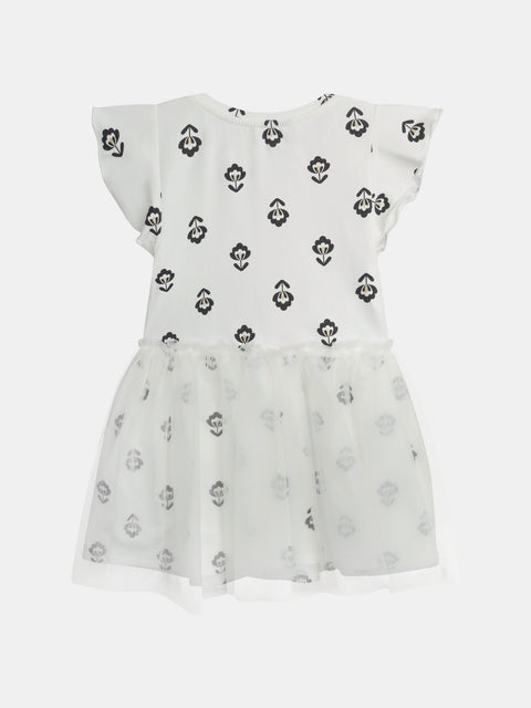 White Floral Print Cotton Dress With Tulle Petticoat