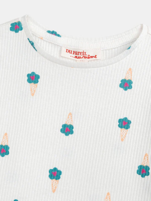 Cream Ribbed Ice Cream Cone Print Cotton T-shirt