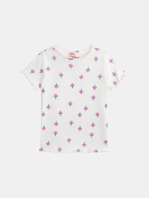 Cream Ribbed Watermelon Ice Cream Print Cotton T-shirt