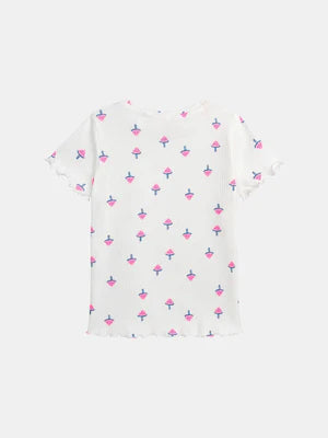 Cream Ribbed Watermelon Ice Cream Print Cotton T-shirt