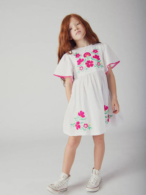 Lined White Floral Embroidered Cotton Sun Dress