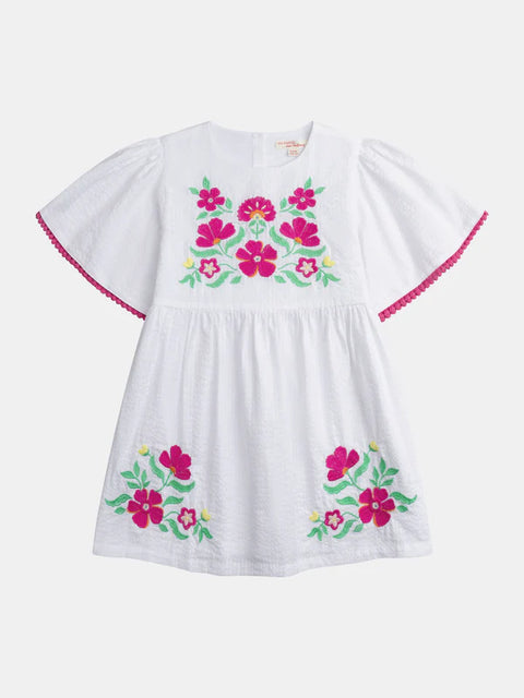 Lined White Floral Embroidered Cotton Sun Dress