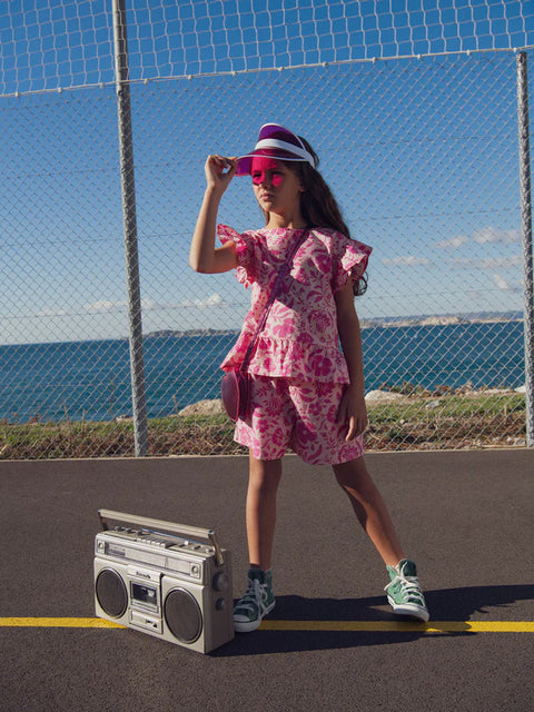 Pink Floral Print Cotton Shorts