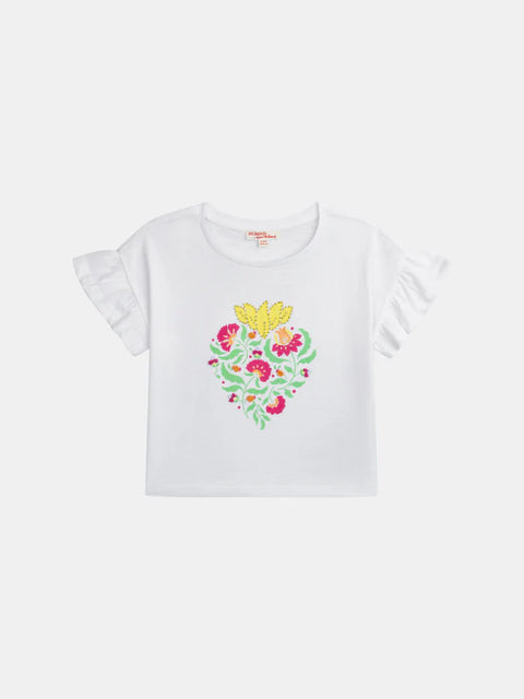 White Cotton T-shirt With Floral Heart Design