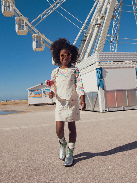 Cream Heart Print Cotton Twill Dungaree Dress