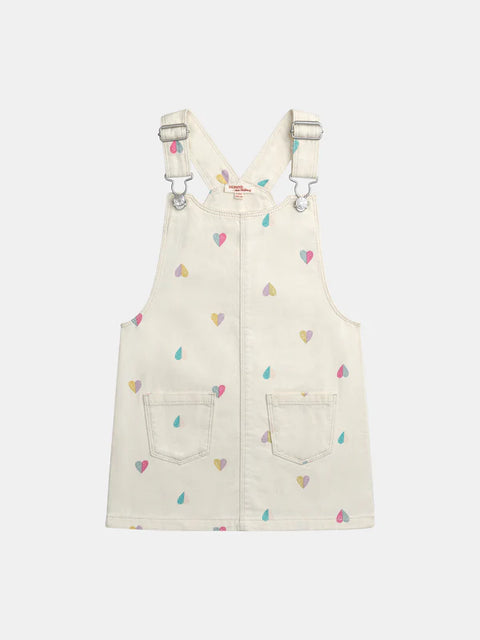 Cream Heart Print Cotton Twill Dungaree Dress