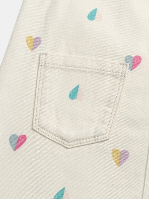 Cream Heart Print Cotton Twill Dungaree Dress