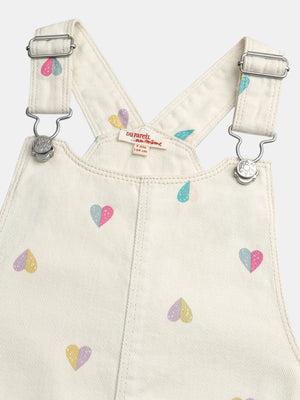 Cream Heart Print Cotton Twill Dungaree Dress
