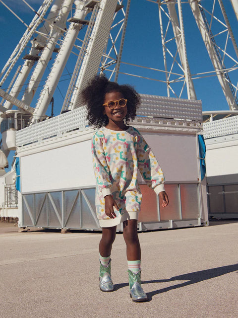 Cream Graphic Print Cotton Fleece Sweatshirt Dress