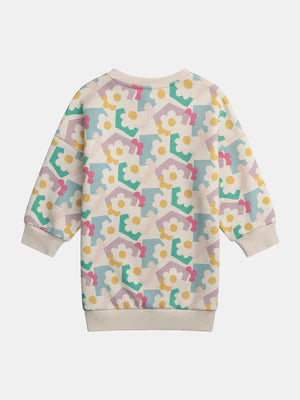 Cream Graphic Print Cotton Fleece Sweatshirt Dress