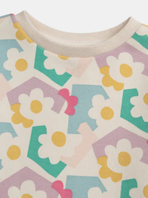 Cream Graphic Print Cotton Fleece Sweatshirt Dress