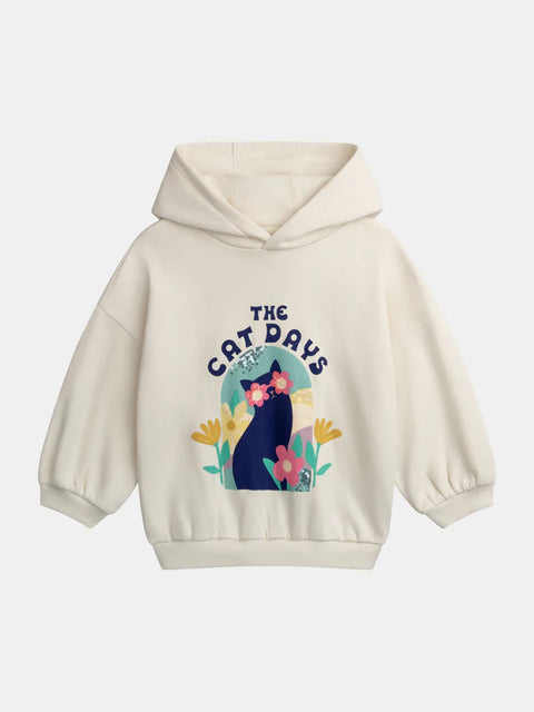 Cream Cat Print Cotton Fleece Hoodie