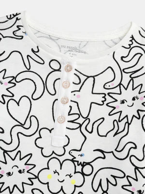 Off White & Black Printed Cotton Pyjamas