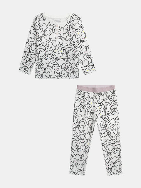 Off White & Black Printed Cotton Pyjamas