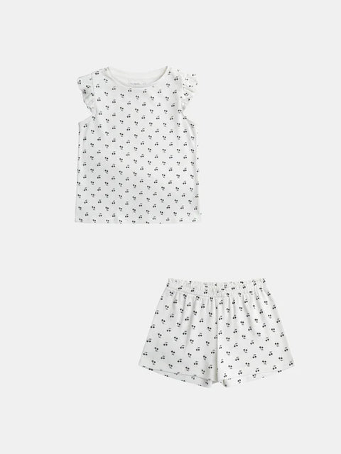 Short Off White Cherry Print Cotton Pyjamas