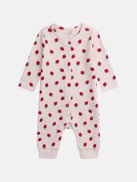 Pink Ribbed Strawberry Print Cotton Sleepsuit