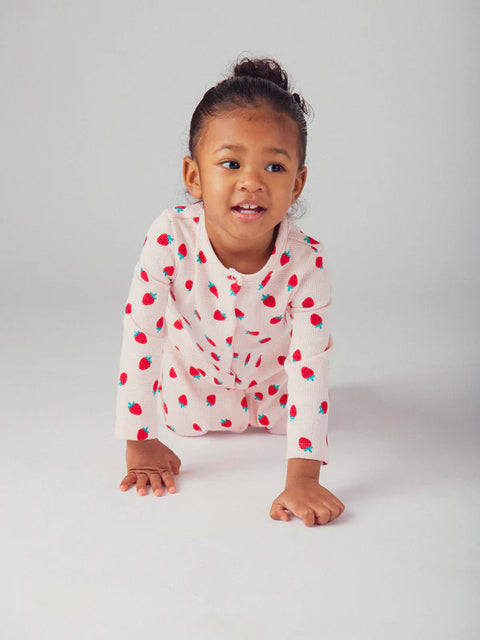 Pink Ribbed Strawberry Print Cotton Sleepsuit