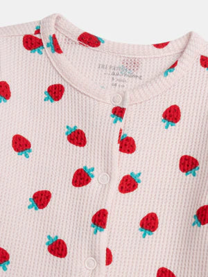 Pink Ribbed Strawberry Print Cotton Sleepsuit