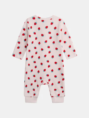 Pink Ribbed Strawberry Print Cotton Sleepsuit