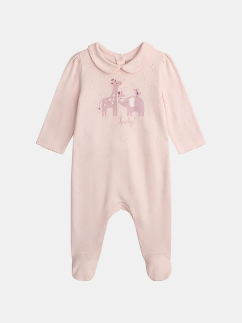 Pink Pointelle Giraffe Print Cotton Sleepsuit